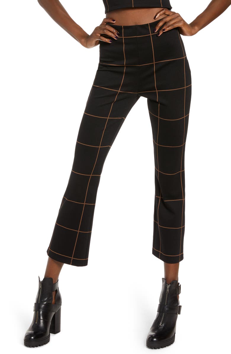 LEITH Ponte High Waist Kick Flare Pants, Main, color, BLACK TAN THIN GRID