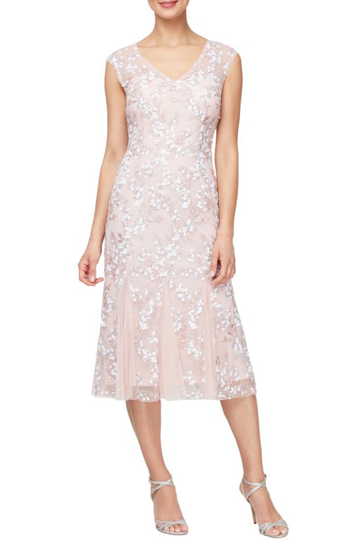 Sequin Embroidered V-Neck Midi A-Line Dress in Shell Pink