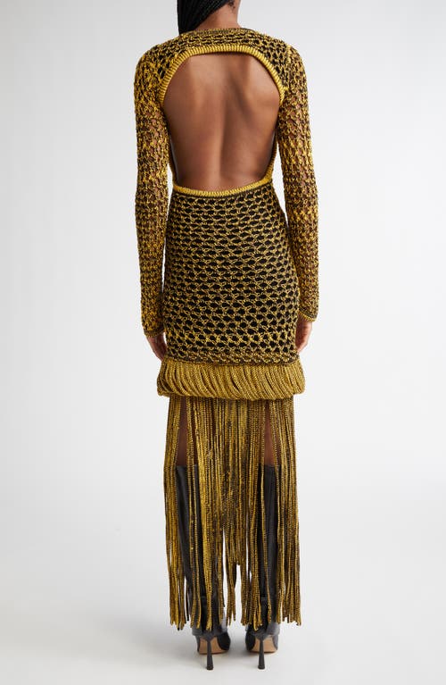 Shop Diotima Medusa Long Sleeve Loop & Fringe Crochet Sweater Dress In Black-yellow