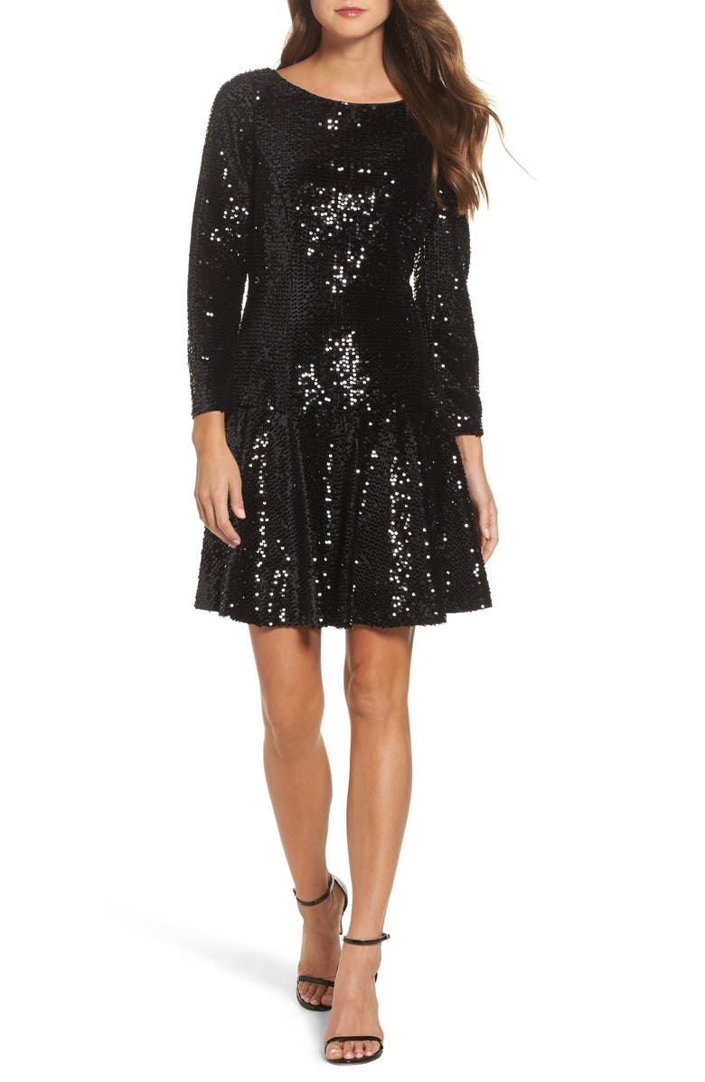 ELIZA J Sequin Fit & Flare Dress, Main, color, Black