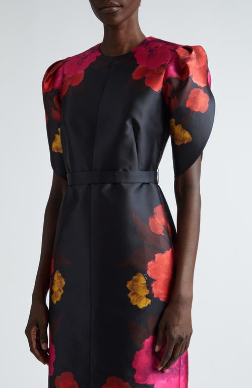 Shop Erdem Floral Print Tulip Sleeve Twill Dress In Black