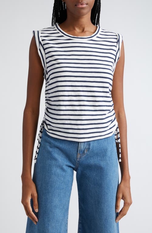 Veronica Beard Vinci Stripe Side Ruched Pima Cotton Top Off White/Marine at Nordstrom,