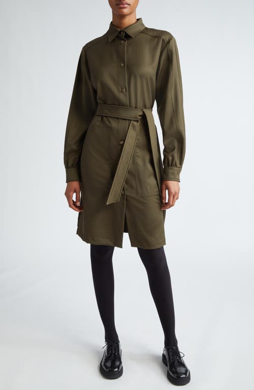 Max Mara Kim Long Sleeve Silk Belted Shirtdress In Kaki