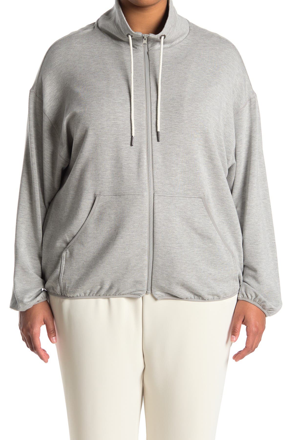 Melloday Draw Cord Mock Neck Zip Front Sweatshirt In Medium Grey
