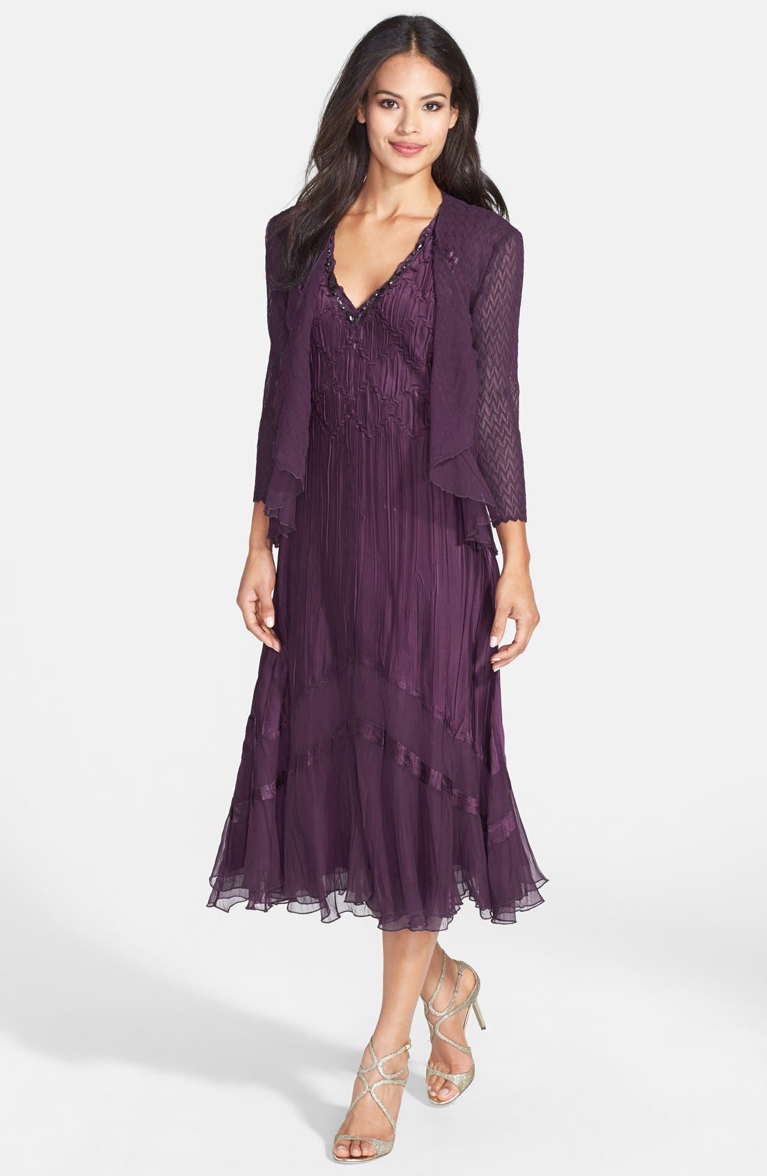 Komarov Beaded Neck Charmeuse & Chiffon Dress with Jacket Nordstrom