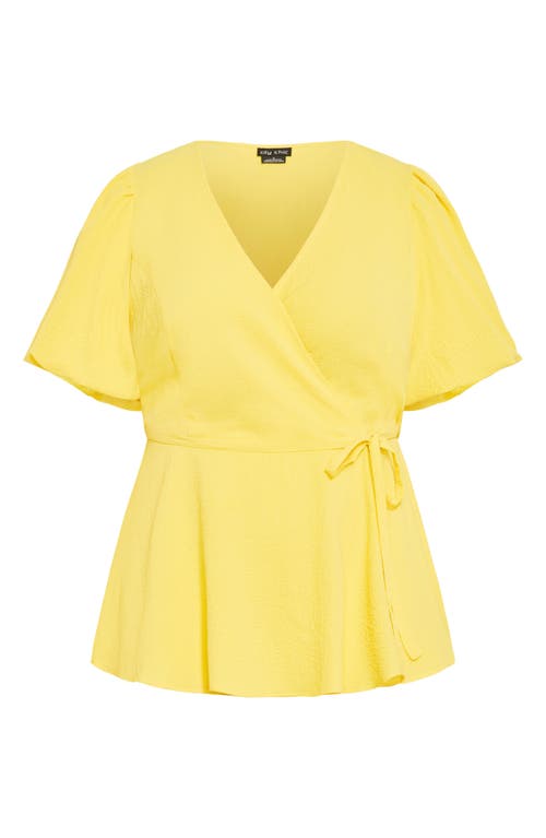 Shop City Chic Christa Puff Sleeve Faux Wrap Top In Buttercup