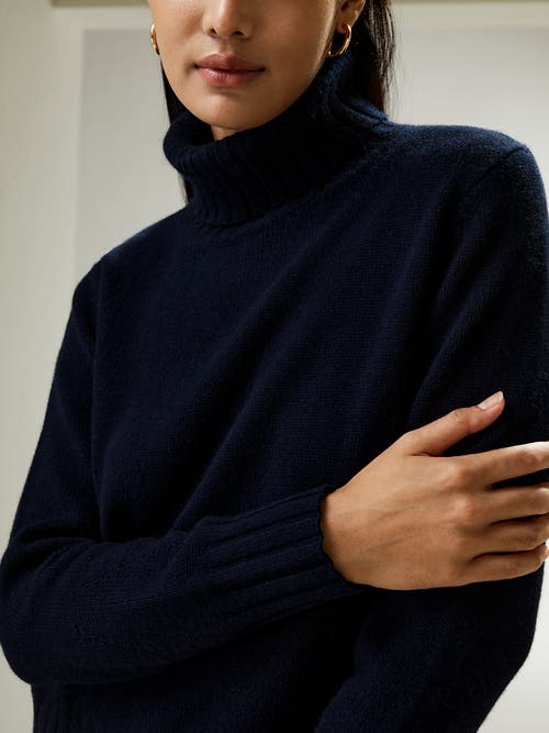 Shop Lilysilk Turtleneck Sweater With Rib Hemline In Navy