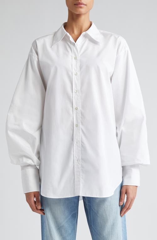 Crinkled Sleeve Organic Cotton Poplin Button-Up Shirt in White