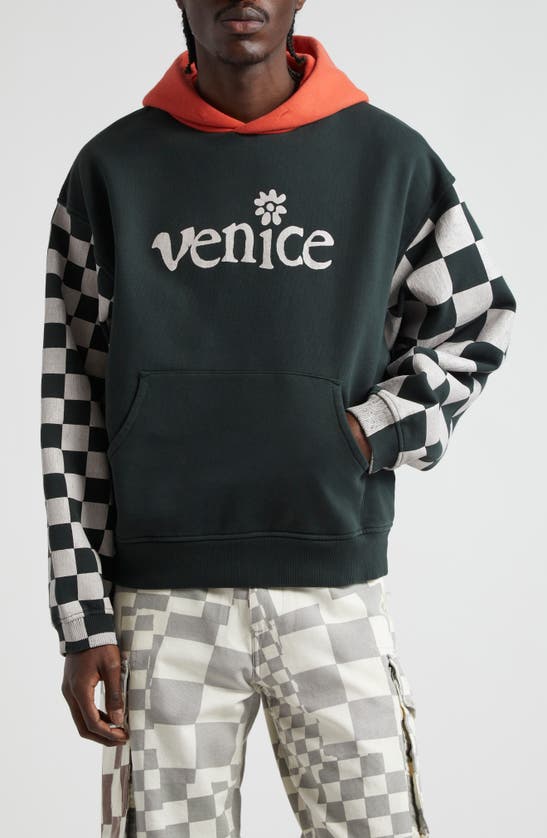 Shop Erl Colorblock Checker Sleeve Graphic Hoodie In Black Checker