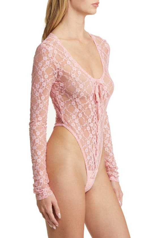 Shop House Of Sunny Love Lace Long Sleeve Bodysuit In Blush