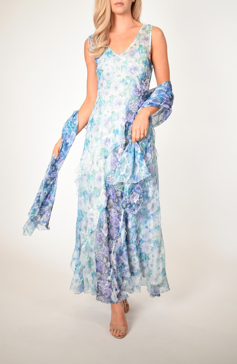 Komarov Floral Side Ruffle Maxi Dress with Matching Shawl (Regular ...