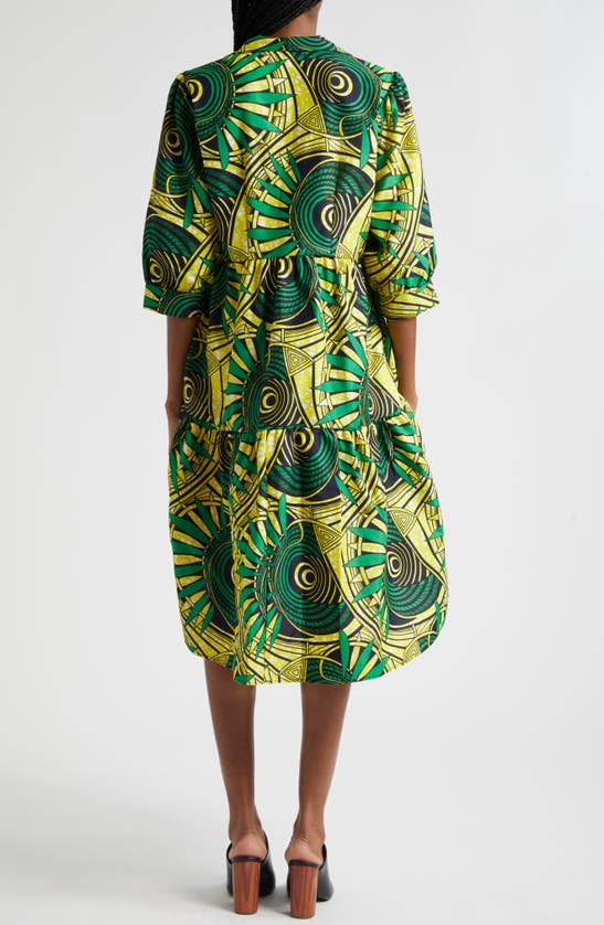 Shop The Oula Company Tiered High-low Cotton Shirtdress In Green Golden