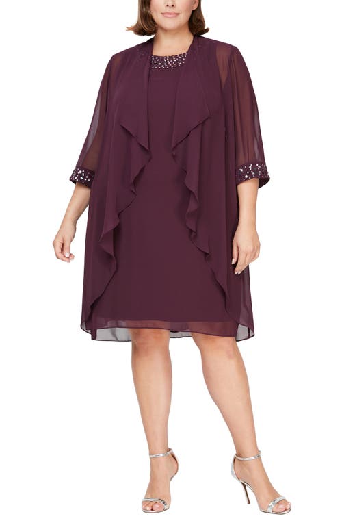 Slny Embellished Cascade Overlay Dress In Aubergine