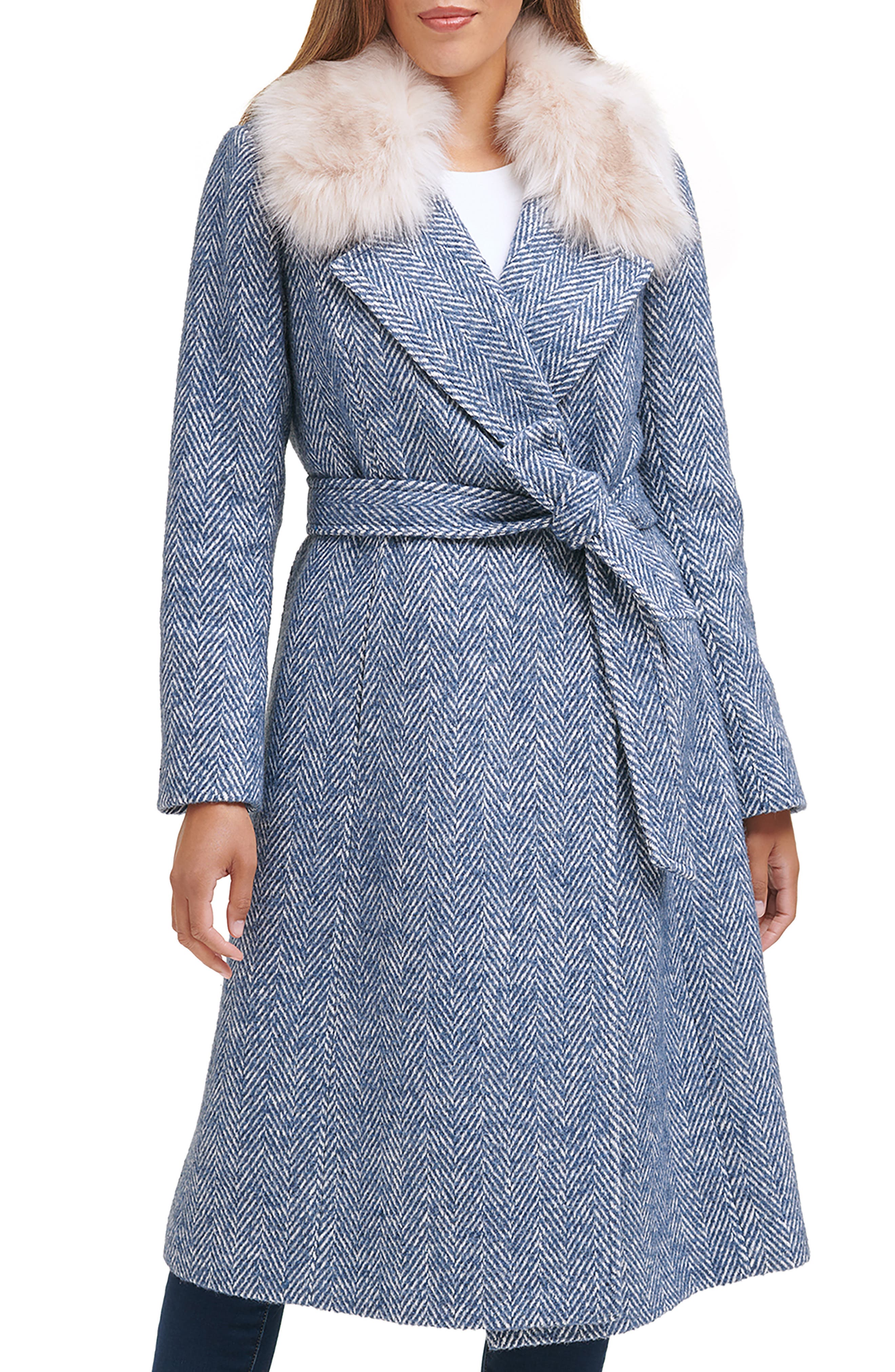 1930s Coats and Jackets History Cole Haan Signature Cole Haan Faux Fur Collar Wrap Coat in Denim at Nordstrom Rack Size 14 $149.97 AT vintagedancer.com