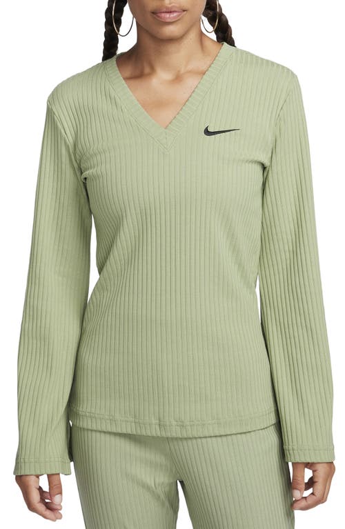 Nike Sportswear Rib Jersey Long Sleeve V-neck Top In Oil Green/black