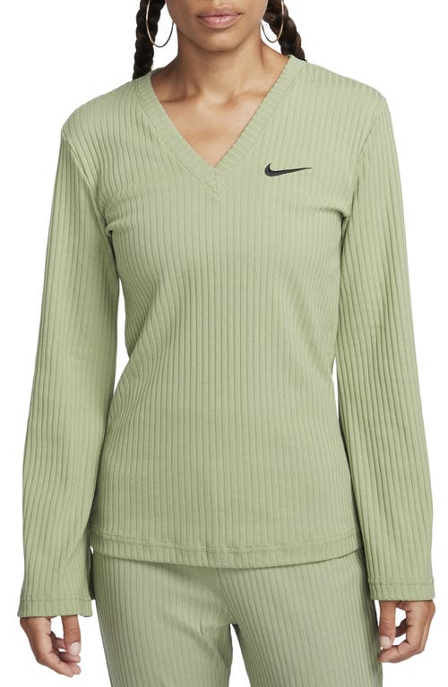 Shop Nike Sportswear Rib Jersey Long Sleeve V-neck Top In Oil Green/black