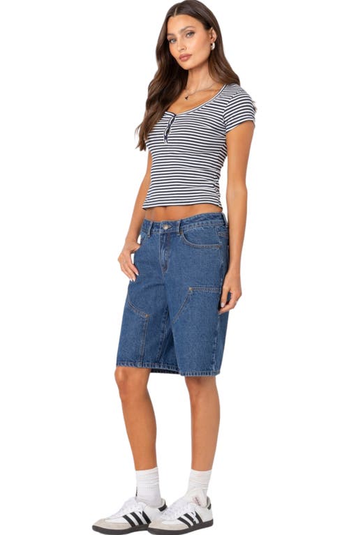Edikted Kady Stripe Short Sleeve Henley Top In Navy