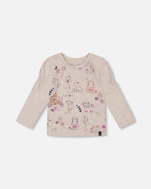 Shop Deux Par Deux Girl's Printed T-shirt Beige Mix Printed Cats In Oatmeal