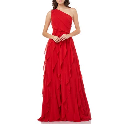 Carmen Marc Valvo Infusion One-Shoulder Ruffle Chiffon Gown, Red