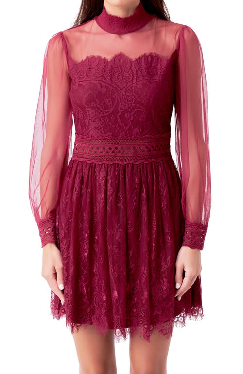 Endless Rose Mixed Lace Long Sleeve Cocktail Dress In Maroon