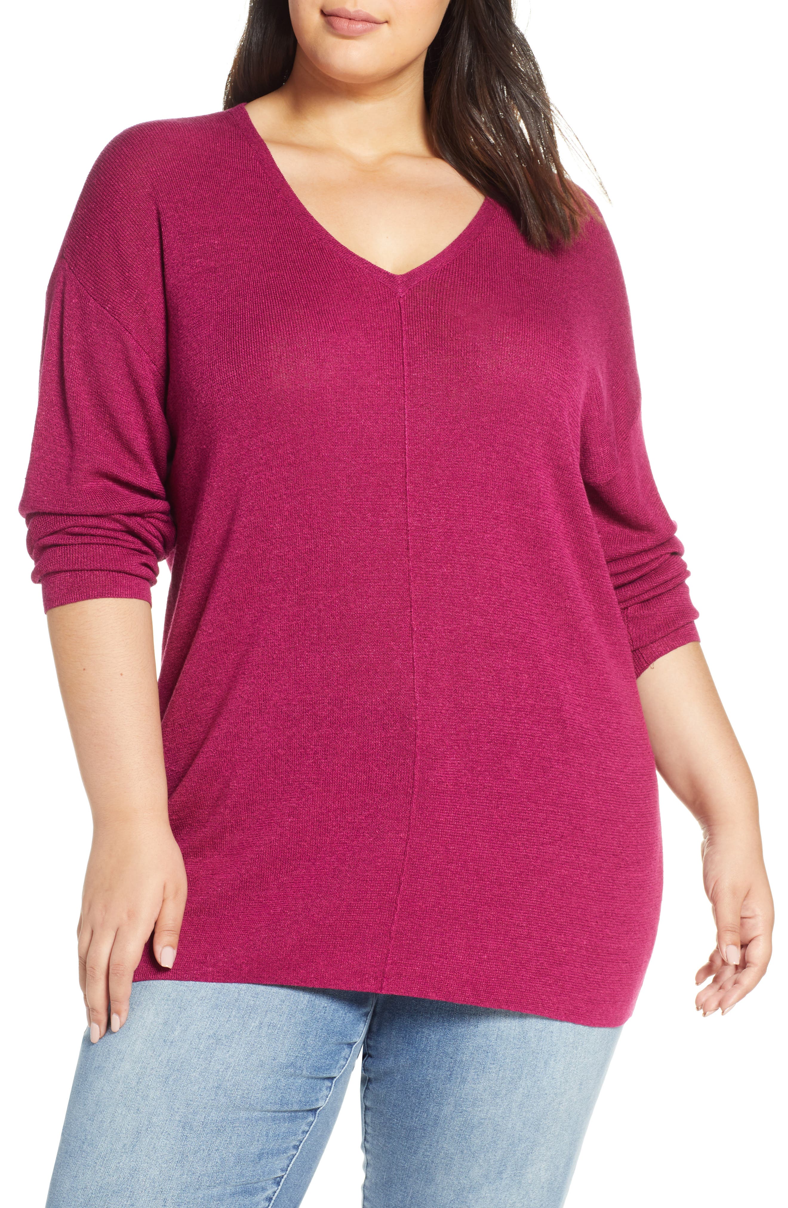 Plus Size Caslon V-Neck Linen Blend Sweater, Purple