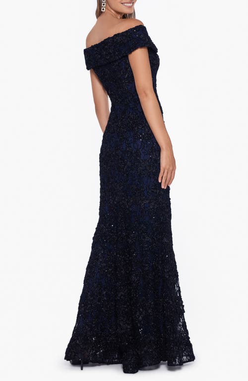 Shop Xscape Evenings Off The Shoulder Sequin Lace Trumpet Gown In Black/navy