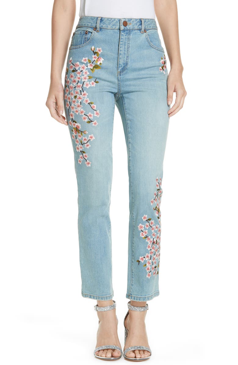 Alice + Olivia Jeans Cherry Blossom Embroidery High Rise Slim Jeans ...