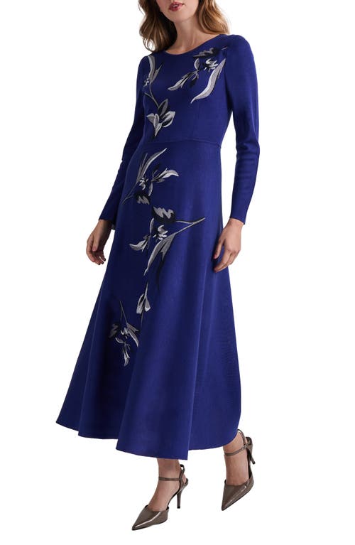 Shop Misook Floral Embroidery Long Sleeve A-line Dress In Starry Night Blue