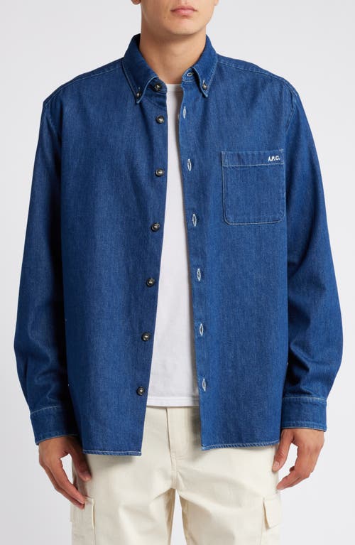 Apc A.p.c. Button-down Denim Shirt With Logo Detail In Washed Indigo