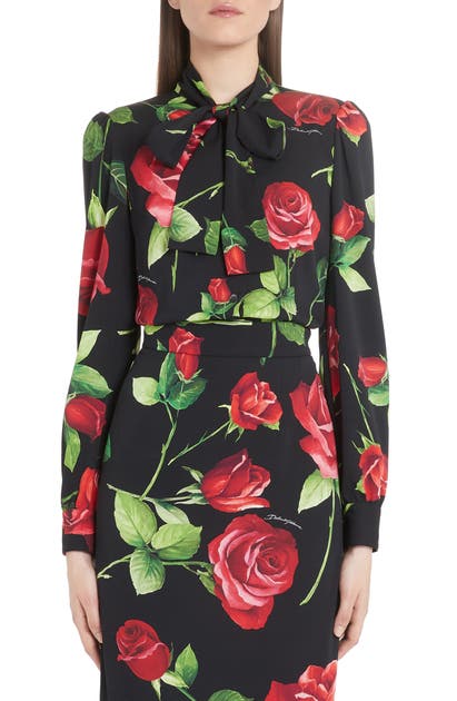 DOLCE & GABBANA ROSE PRINT TIE NECK BLOUSE,F5J41TFSAY1