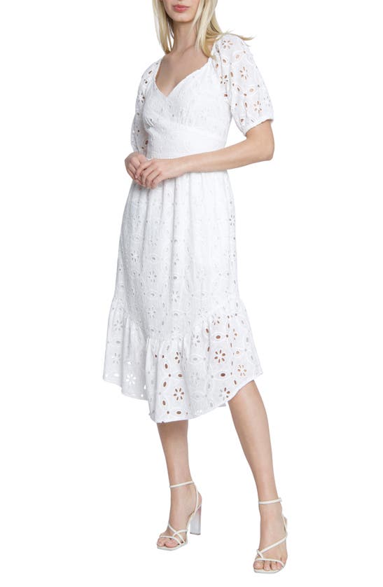 Maggy London Eyelet Puff Sleeve Cotton Midi Dress In Ivory
