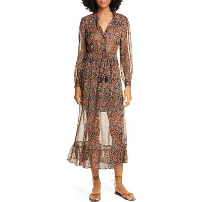 Sea Nicolette Floral Long Sleeve Midi Dress, Brown