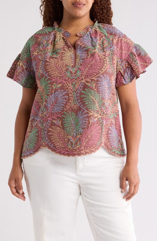 Wit & Wisdom Tropical Embroidered Top In Dusty Grape Multi