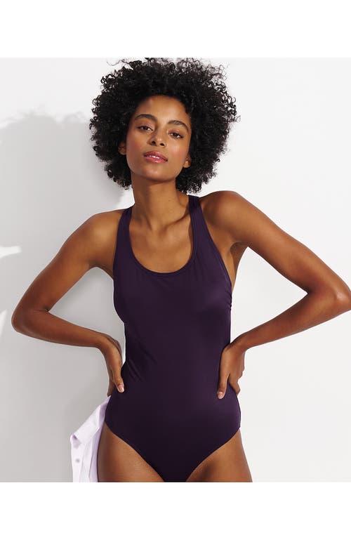 Shop Lands' End Chlorine Resistant Scoop Neck X-back High Leg Soft Cup Tugless Sporty One Piece Swimsuit In Blackberry Tile Geos