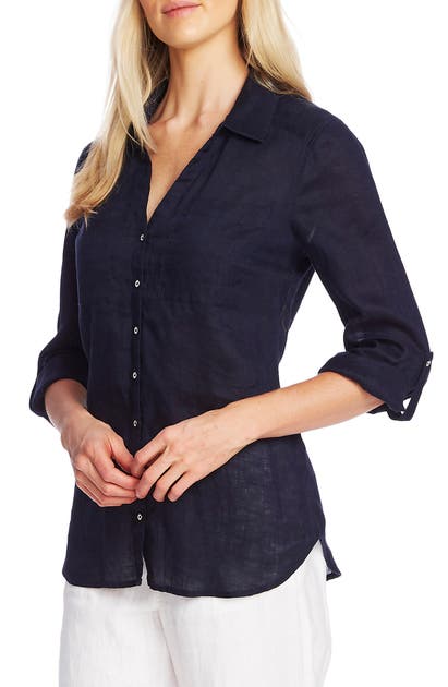 Vince Camuto Roll Tab Long Sleeve Linen Blouse In Dark Navy