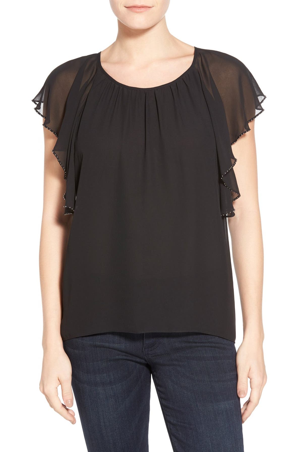 Two by Vince Camuto Embellished Flutter Sleeve Chiffon Top | Nordstrom