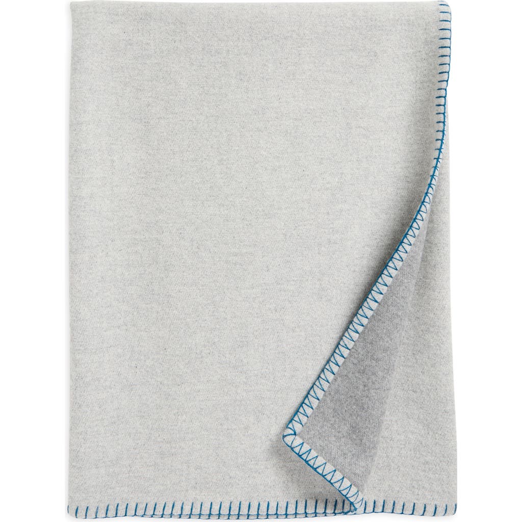 Johnstons of Elgin Blanket Stitch Reversible Wool & Cashmere Throw Blanket in Silver /Grey