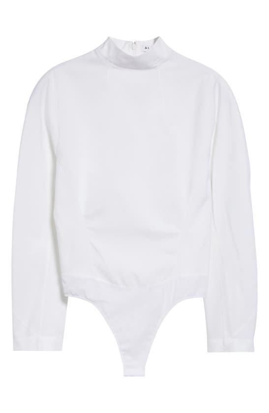 Shop Alaïa Cinched Long Sleeve Cotton Bodysuit In Blanc