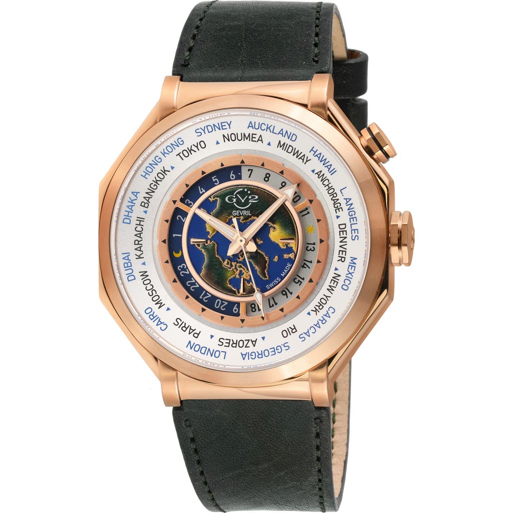 Gv2 Marchese Worldtimer Leather Strap Watch, 44mm In Green