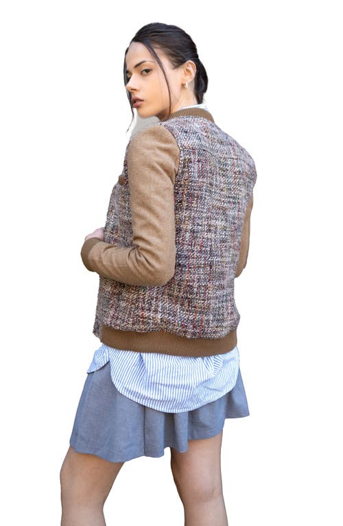 Shop Members Only Updated Tweed Varsity Jacket With Contrast Sleeve In Camel