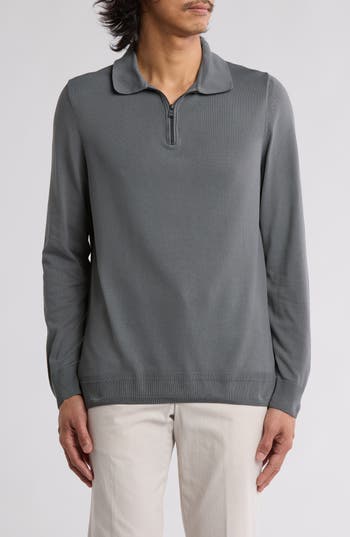 Shop Hugo Boss Boss Luno Long Sleeve Zip Polo In Dark Grey