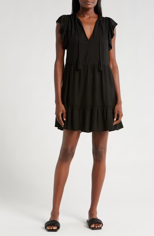 Split Neck Ruffle Sleeve Cover-Up Dress in Black