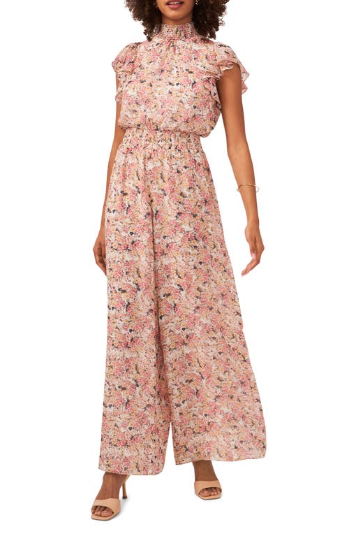 Shop Chaus Floral Flutter Sleeve Mock Neck Jumpsuit In Pink/olive/gold