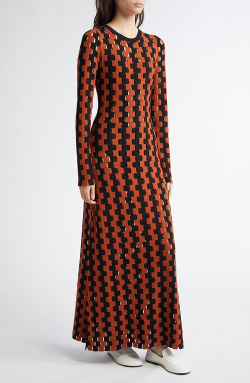 Shop Zankov Natalie Open Work Long Sleeve Wool Maxi Sweater Dress In Tobacco/black