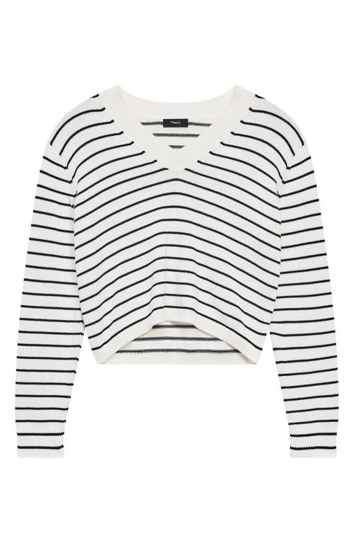 Shop Theory Waverly Stripe Cotton V-neck Crop Sweater In White/black