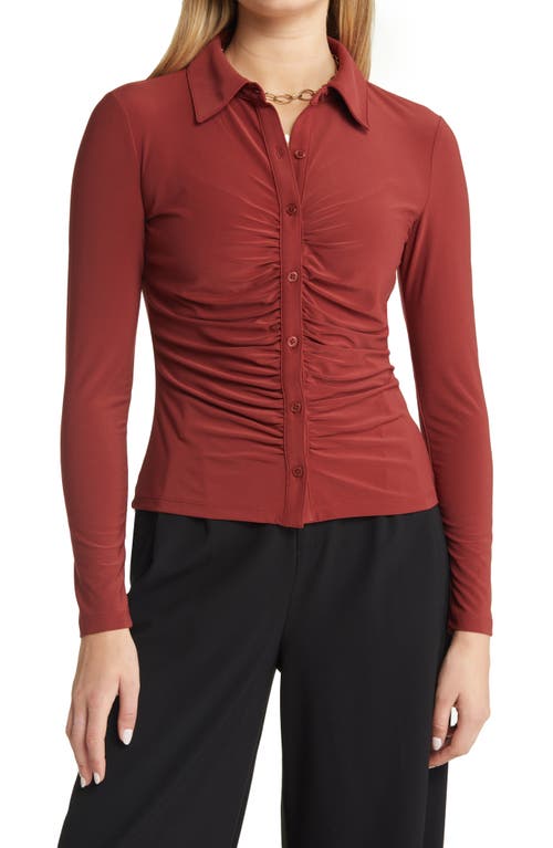 halogen(r) Ruched Front Button-Up Shirt in Burgundy Russet