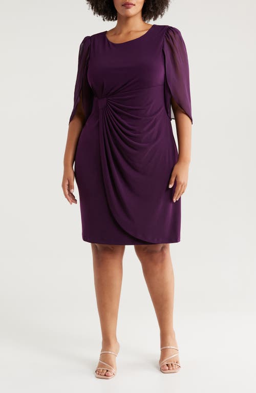 Connected Apparel Chiffon Sleeve Faux Wrap Dress in Aubergine 