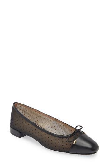 Stuart Weitzman Sleek Cap Toe Bow Flat In Black Dot