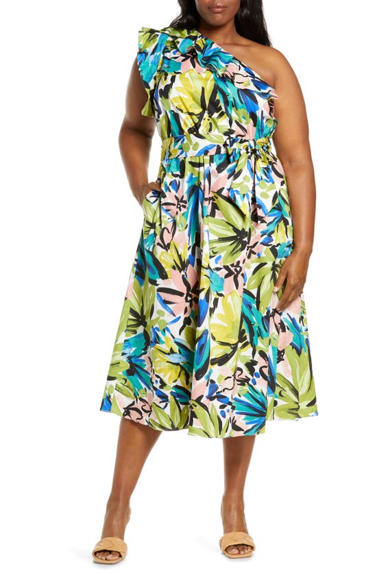 DONNA MORGAN FOR MAGGY FLORAL PRINT RUFFLE ONE-SHOULDER MIDI DRESS