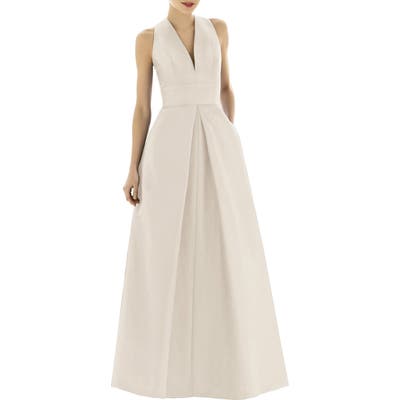 Alfred Sung V-Neck Dupioni Evening Gown, Beige